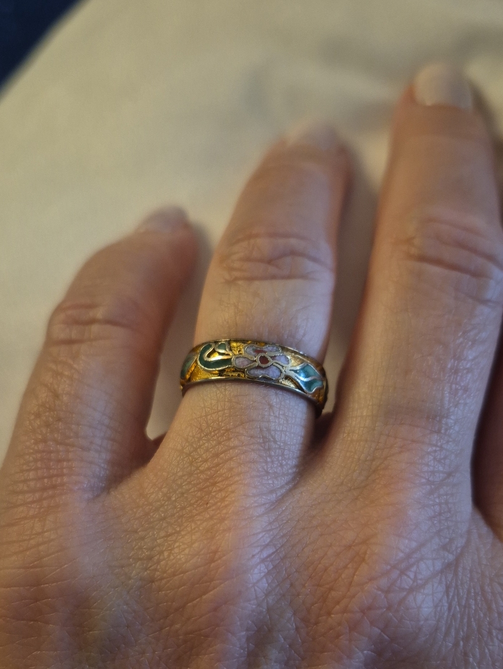 Vintage Cloissone Gold Floral Enamel Band Ring 6.75
